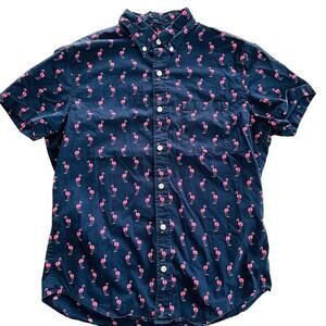 J Crew Men's Flamingo Button Front Short Sleeve Shirt Size Medium Blue Pink